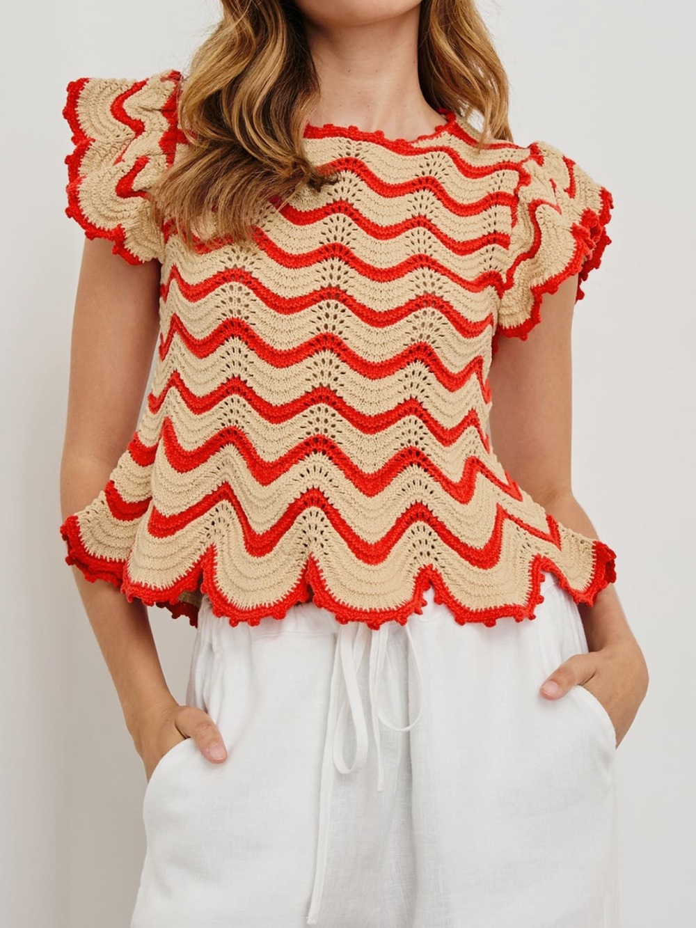 Rails Beige and Red Crochet Wave Top